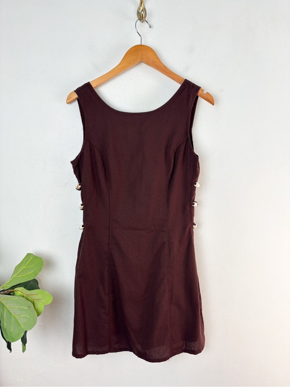 NWT Paper Heart Brown Linen Blend Beaded Mini Dress Sz M